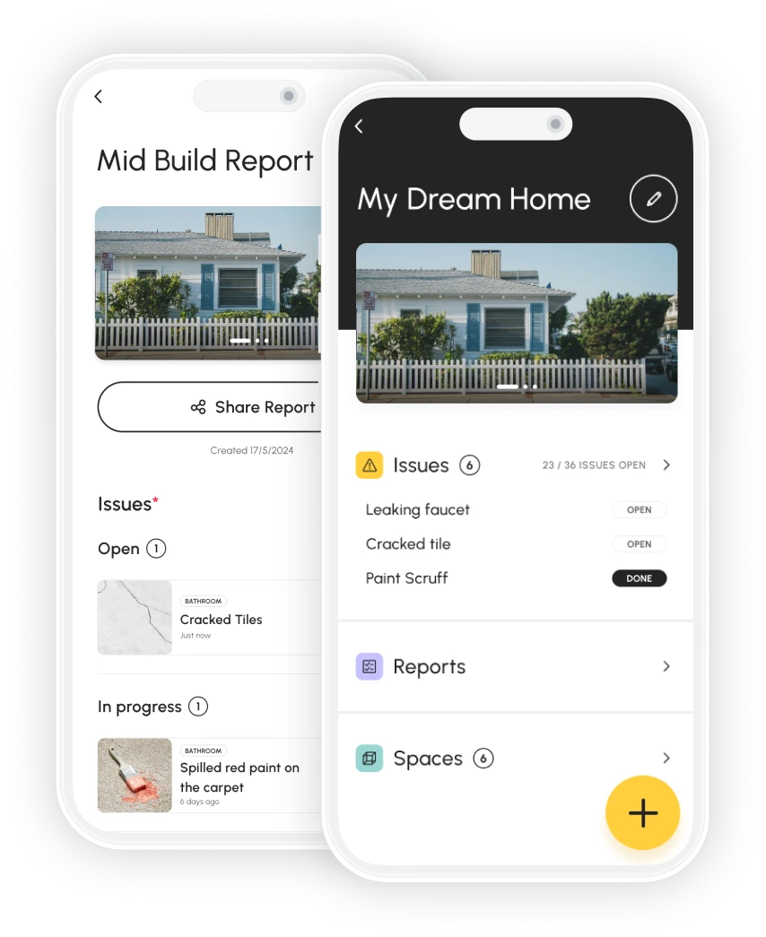 Checka app showing issue tracking and build report screens